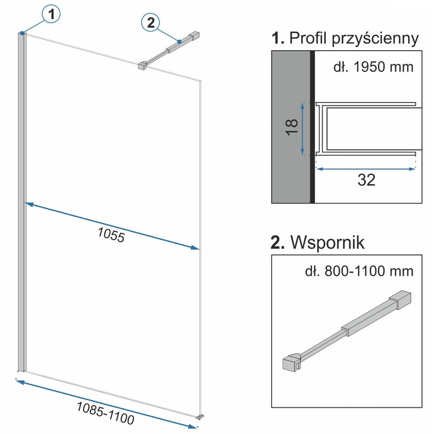 Paravan de dus Rea Aero Ombre, negru, 110 CM