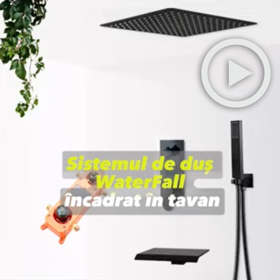 Sistem de dus Waterfall, incastrat in tavan, para patrata 40 cm, 3 functii de curgere, negru mat, cod 1404