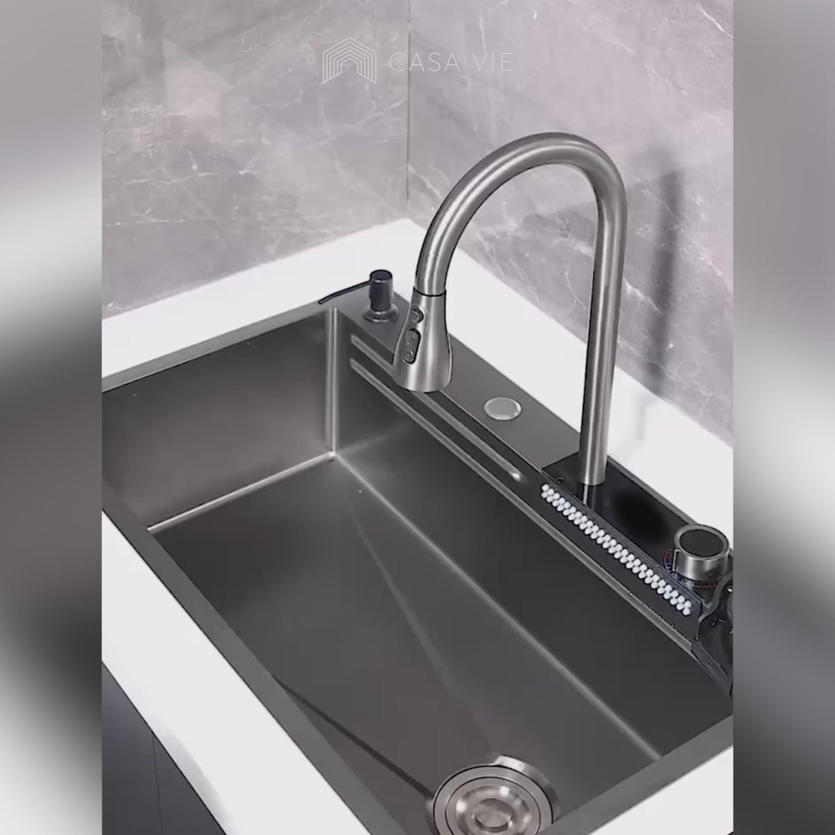 Set chiuvetă bucătărie Elysium, multifuncțională, baterie cu duș de pulverizare extractibil, 3 funcții de curgere + accesorii incluse, COD 1003