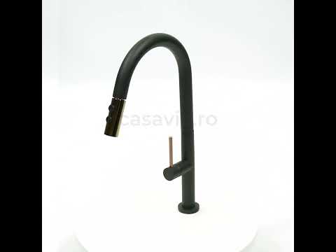Baterie profesionala de bucatarie, cu dus extractibil, 2 functii de curgere, negru mat cu rose gold, cod 1298