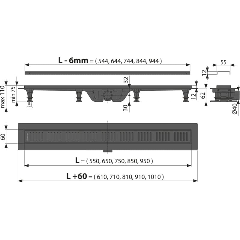 Rigola pentru dus cu gratar inclus de 550mm, Alcaplast, Simple, finisaj negru mat