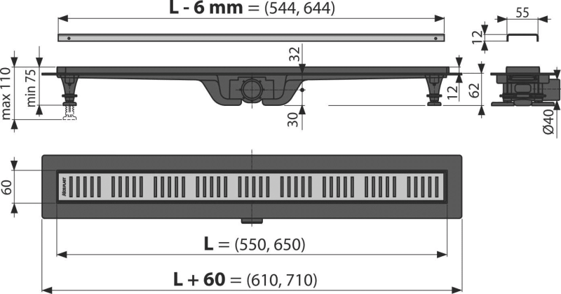 Rigola pentru dus cu gratar inclus de 650mm, Alcaplast, Simple, finisaj negru cu auriu nichelat