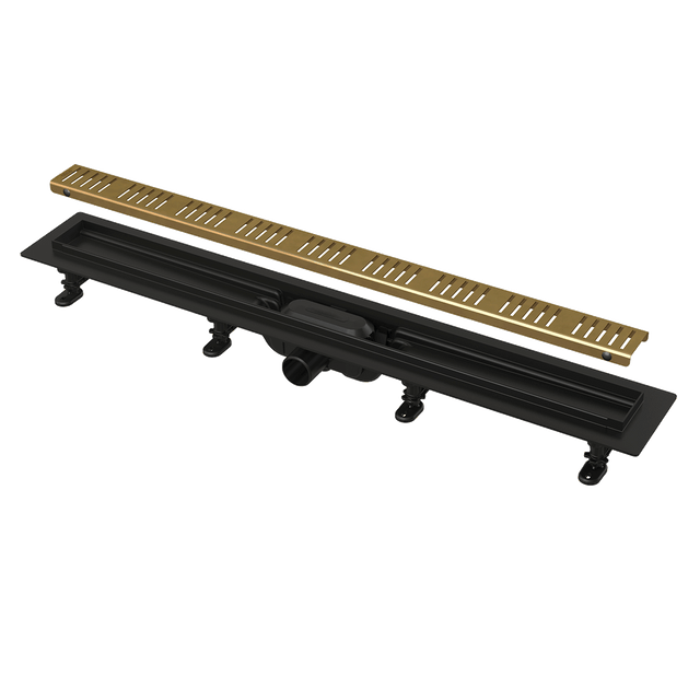 Rigola pentru dus cu gratar inclus de 750mm, Alcaplast, Simple, finisaj negru cu auriu