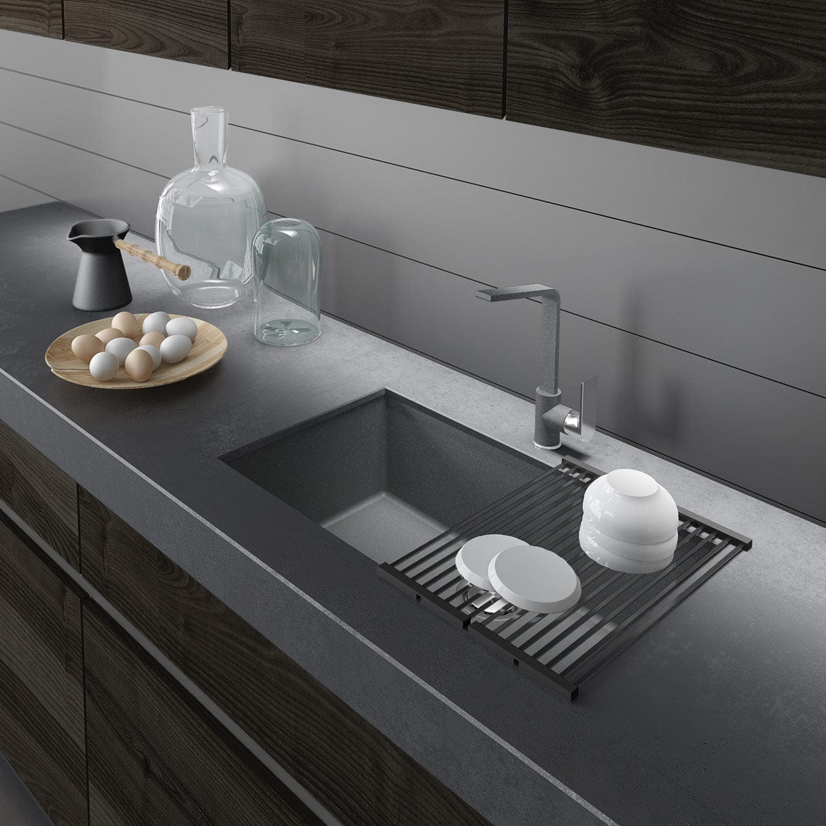 Scurgator multifunctional / Gratar / Suport vase pliabil negru CookingAid Folding Mat Black pentru chiuvete, cod:6033