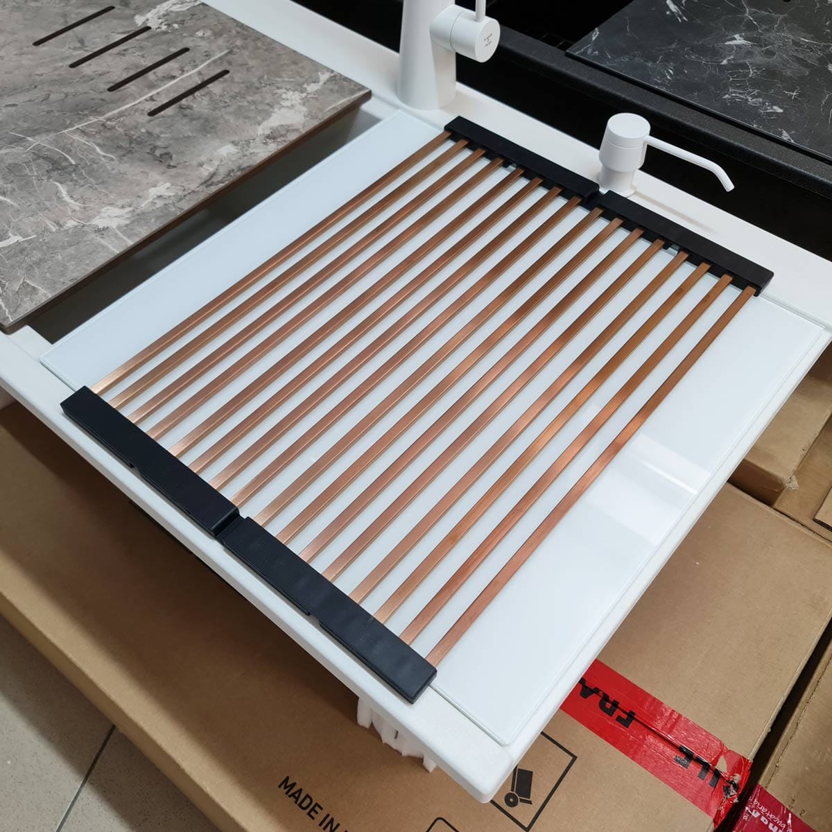 Scurgator multifunctional / Gratar / Suport vase pliabil negru, Folding Mat Copper / Cupru pentru chiuvete, cod:6032