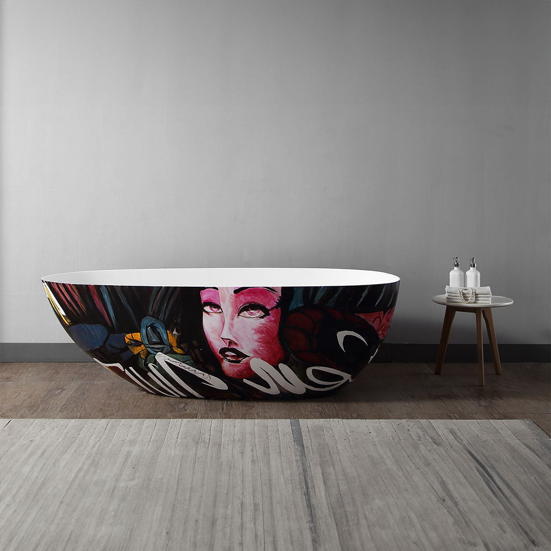 Set baie, cada de 150 cm freestanding cu lavoar pe blat, din compozit, cu model decorativ, MonBlari