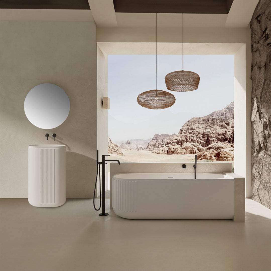 Set baie, cada de 170 cm cu lavoar freestanding, din compozit, alb mat, cu riflaje, MonBlari