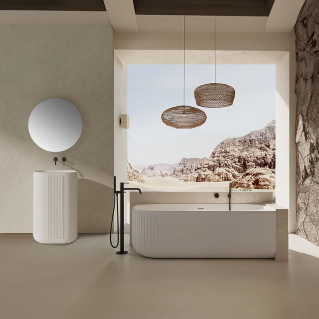 Set baie, cada de 170 cm cu lavoar freestanding, din compozit, alb mat, cu riflaje, MonBlari