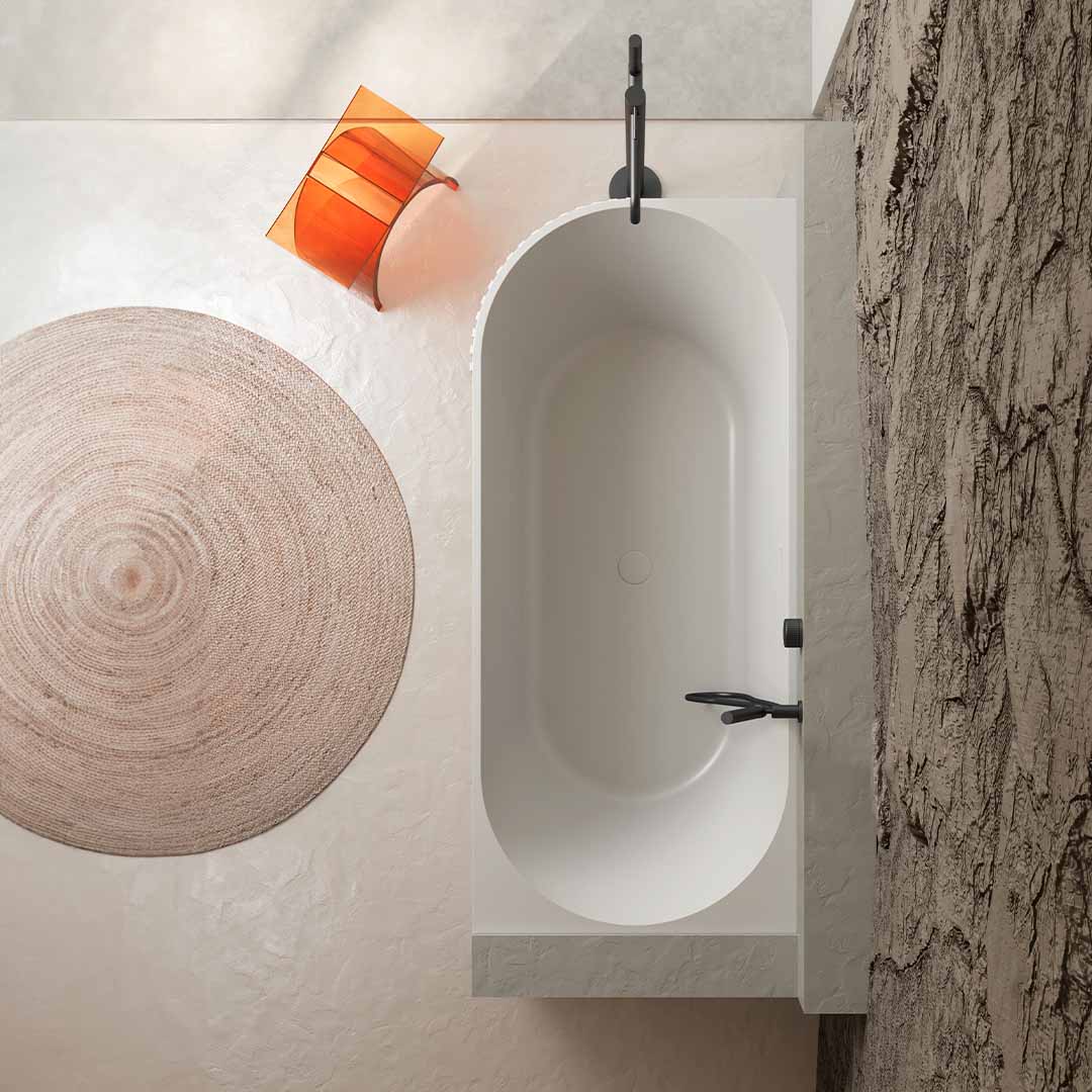 Set baie, cada de 170 cm cu lavoar freestanding, din compozit, alb mat, cu riflaje, MonBlari