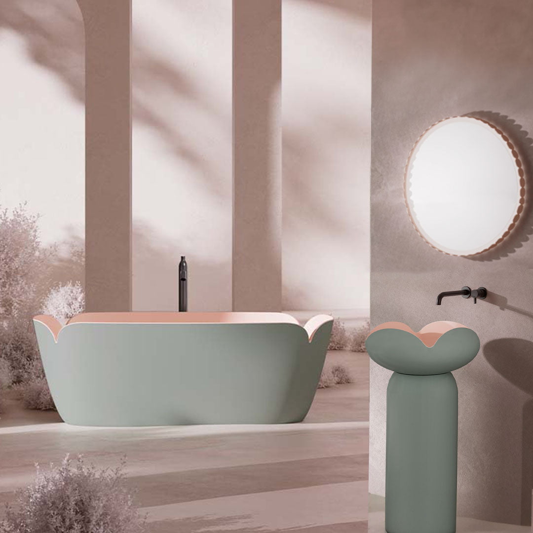 Set baie, cada de 170 cm cu lavoar freestanding si oglinda LED, din compozit, forma florala, roz cu verde mat, MonBlari