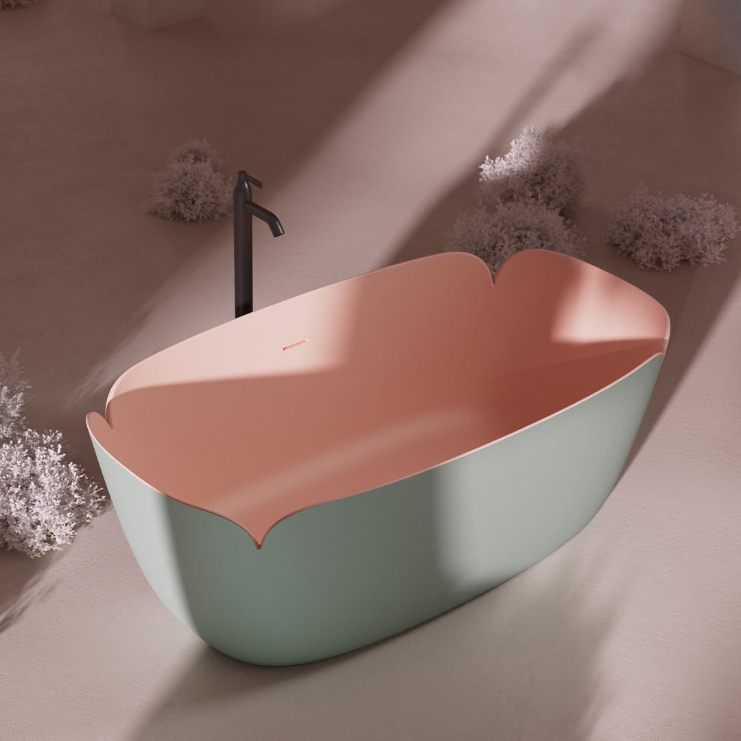 Set baie, cada de 170 cm cu lavoar freestanding si oglinda LED, din compozit, forma florala, roz cu verde mat, MonBlari