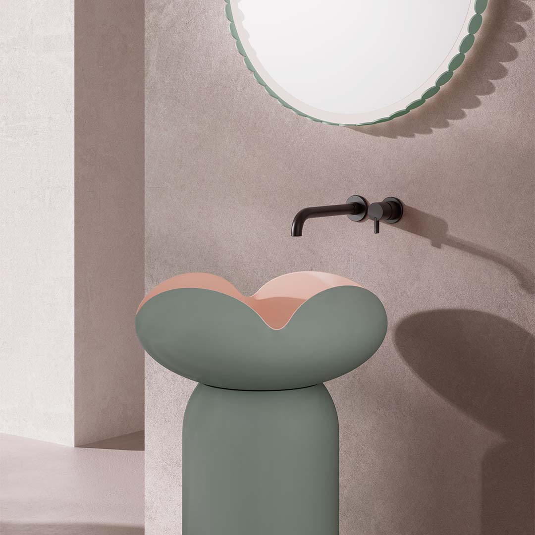 Set baie, cada de 170 cm cu lavoar freestanding si oglinda LED, din compozit, forma florala, roz cu verde mat, MonBlari