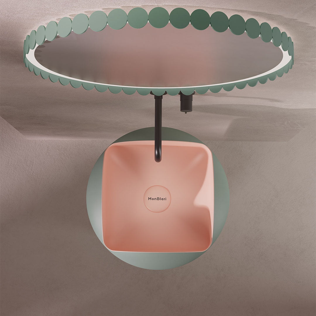 Set baie, cada de 170 cm cu lavoar freestanding si oglinda LED, din compozit, forma florala, roz cu verde mat, MonBlari