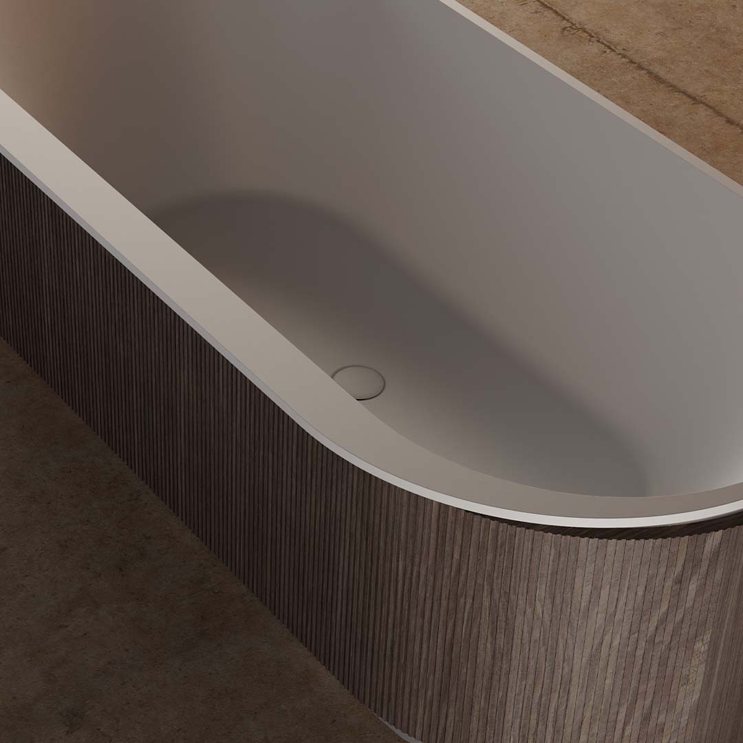 Set baie, cada de 170 cm freestanding cu lavoar pe blat, din compozit si lemn, alb mat cu lemn stejar, MonBlari