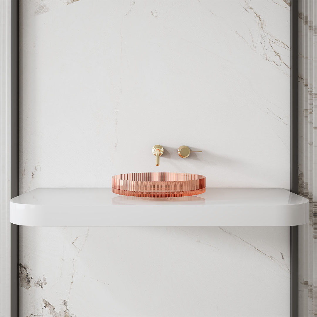 Set baie, cada de 170 cm freestanding cu lavoar pe blat, din rasina, cu riflaje, maro transparent, MonBlari