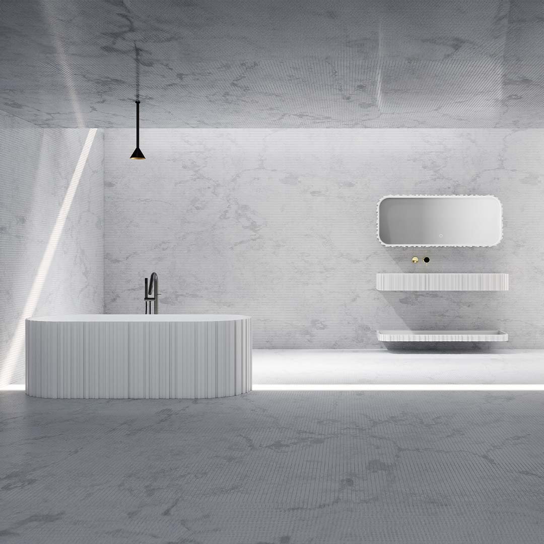 Set baie, cada de 170 cm freestanding si lavoar cu raft si oglinda LED, din compozit, cu riflaje, alb mat, MonBlari