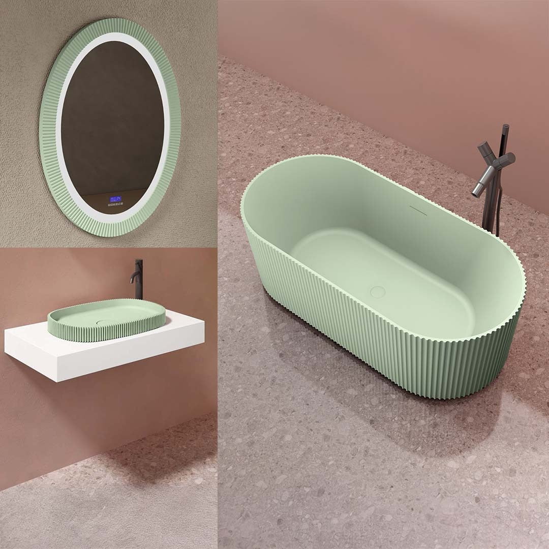 Set baie, cada de 170 cm, lavoar si oglinda, din compozit, verde mat, MonBlari