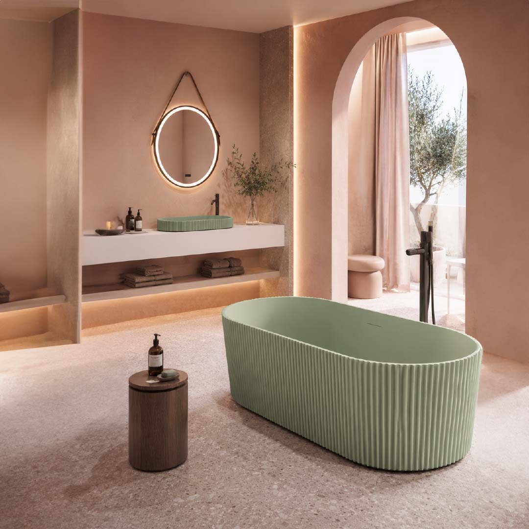 Set baie, cada de 170 cm, lavoar si oglinda, din compozit, verde mat, MonBlari
