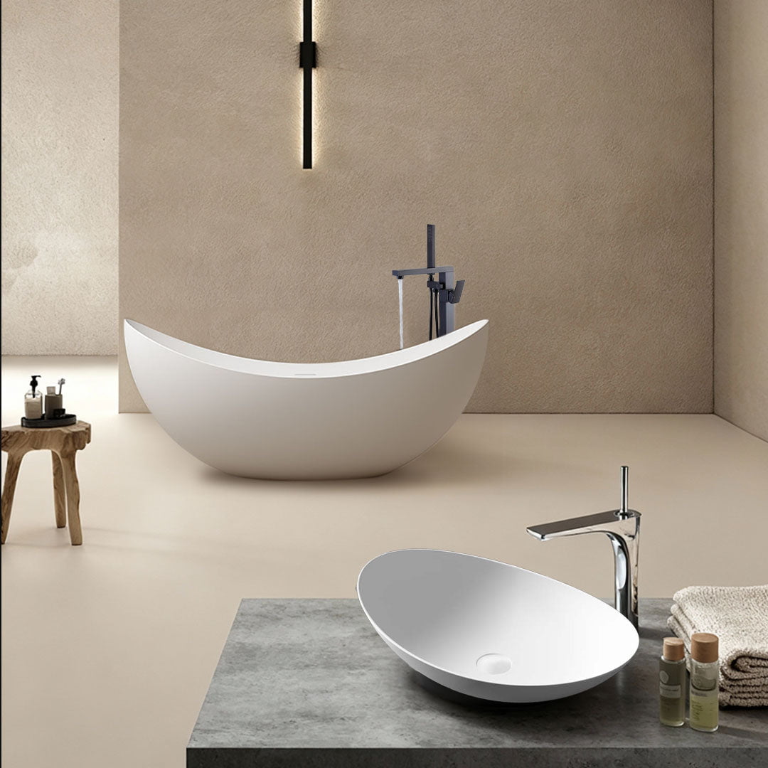 Set baie, cada de 180 cm freestanding cu lavoar pe blat, din compozit, alb lucios, MonBlari