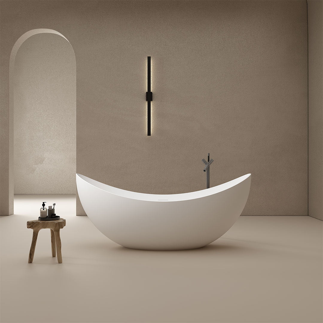 Set baie, cada de 180 cm freestanding cu lavoar pe blat, din compozit, alb lucios, MonBlari