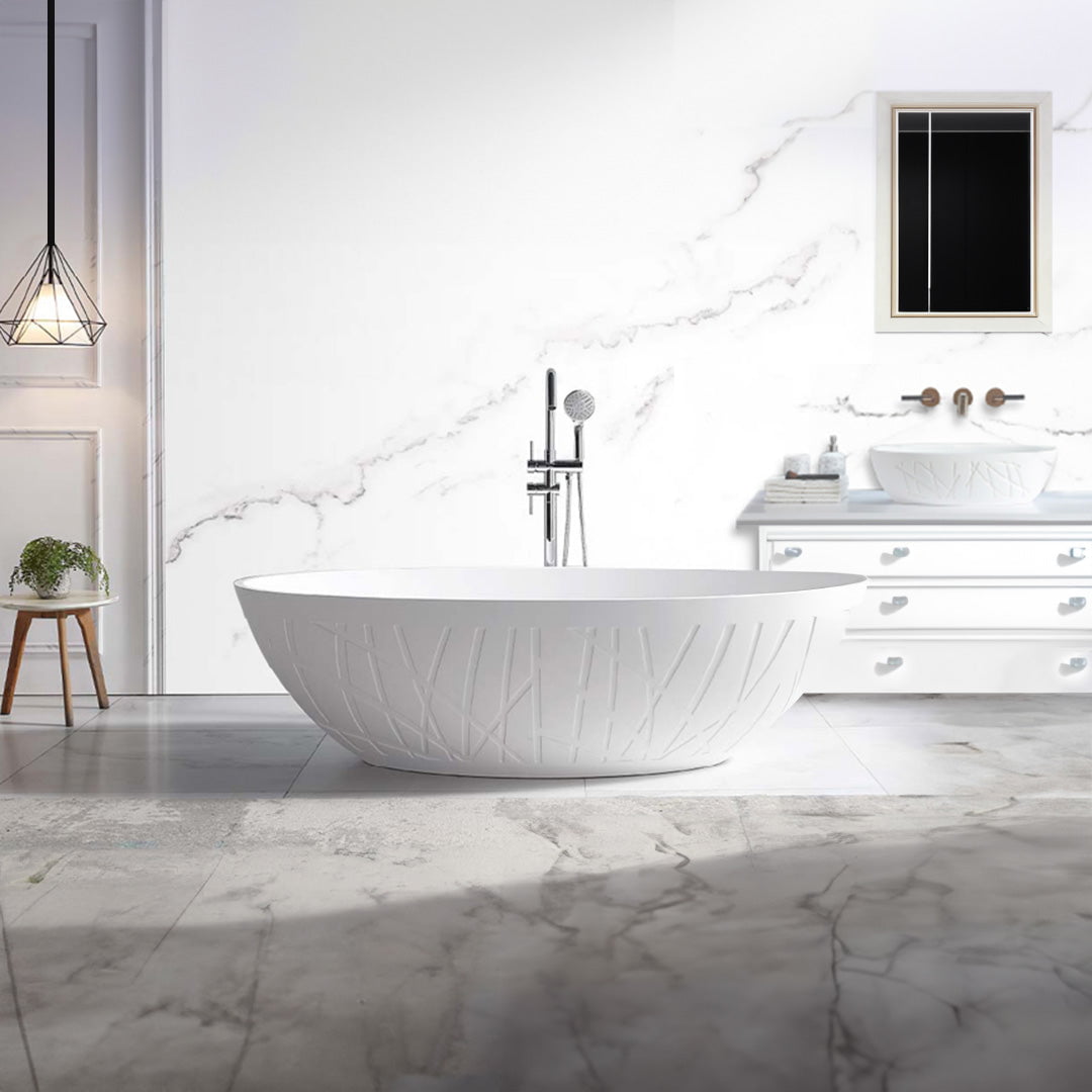 Set baie, cada de 180 cm freestanding cu lavoar pe blat, din compozit, alb mat cu model decorativ, MonBlari