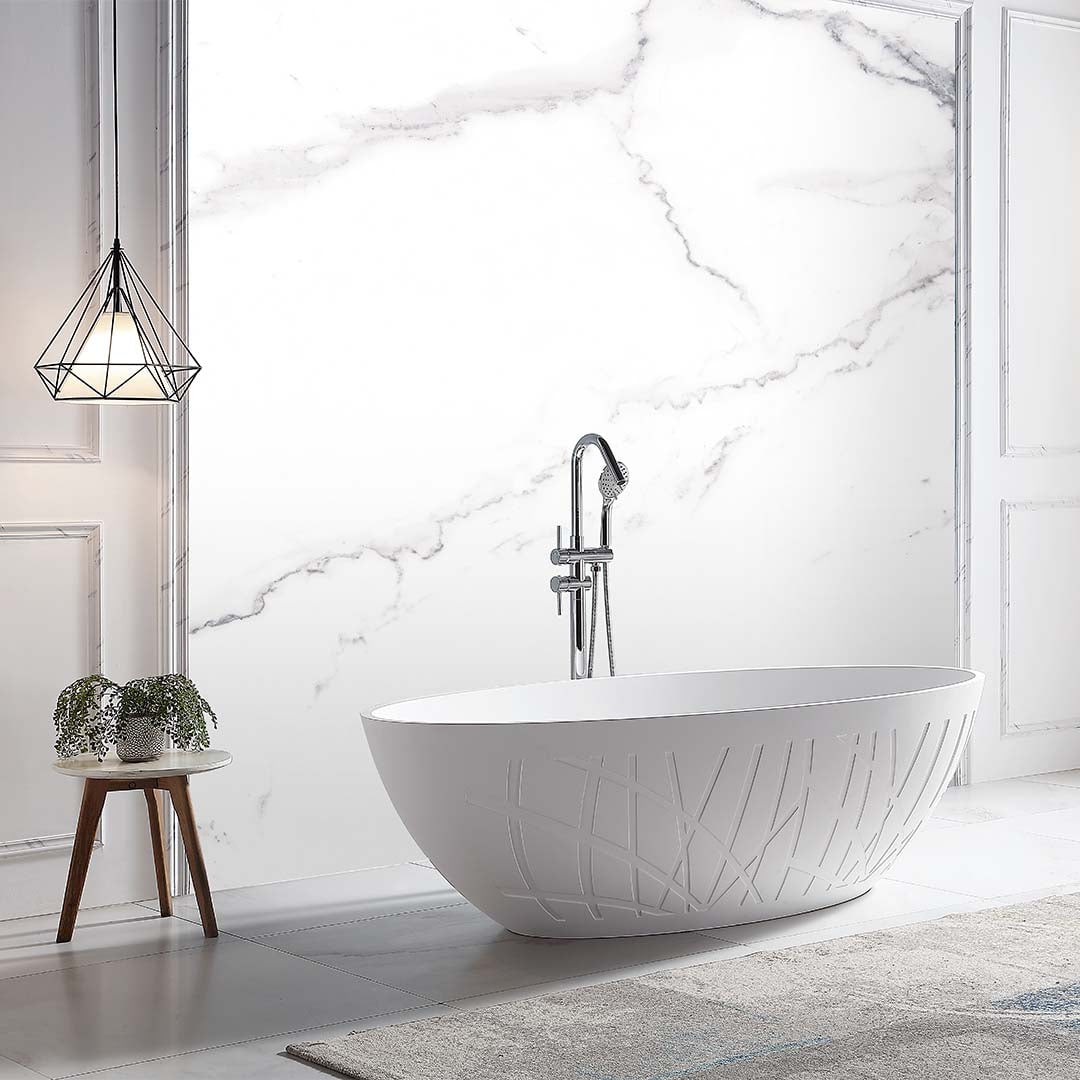 Set baie, cada de 180 cm freestanding cu lavoar pe blat, din compozit, alb mat cu model decorativ, MonBlari