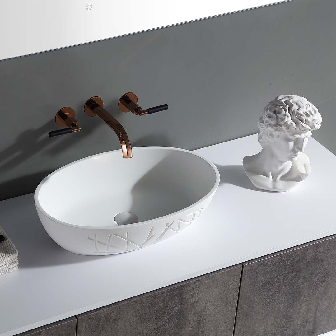 Set baie, cada de 180 cm freestanding cu lavoar pe blat, din compozit, alb mat cu model decorativ, MonBlari