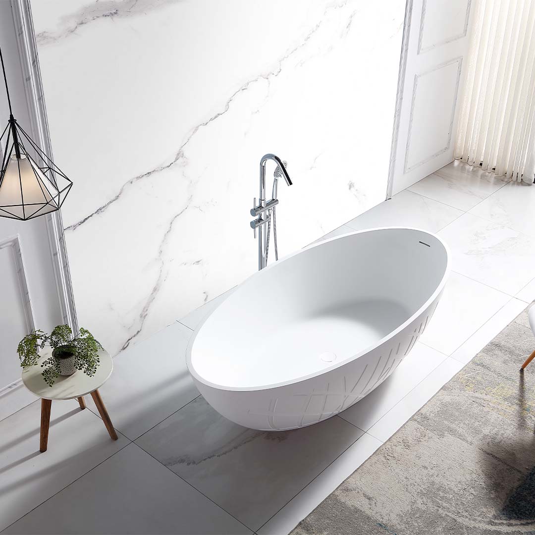 Set baie, cada de 180 cm freestanding cu lavoar pe blat, din compozit, alb mat cu model decorativ, MonBlari