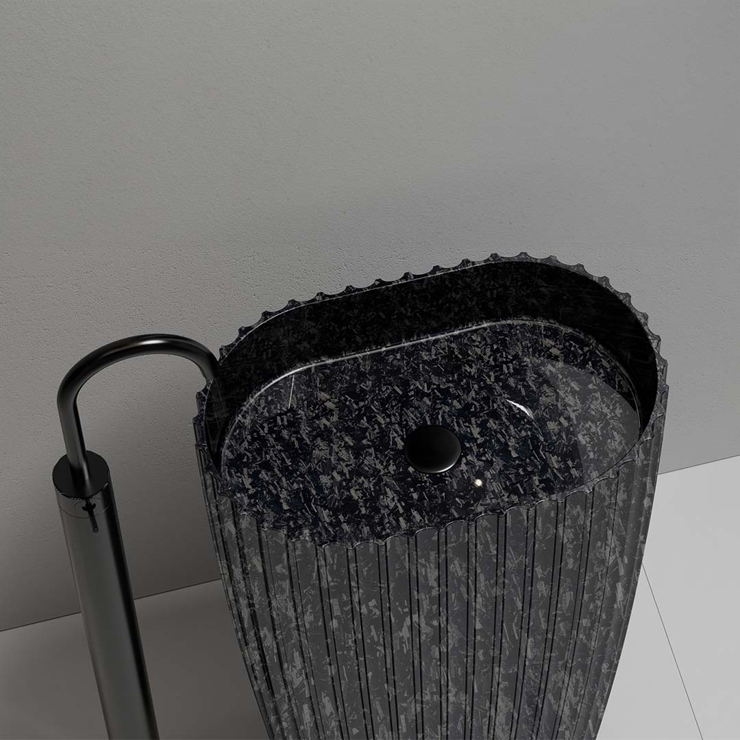 Set baie, cada de colt, cu lavoar freestading si oglinda, din fibra de carbon, negru mat, MonBlari