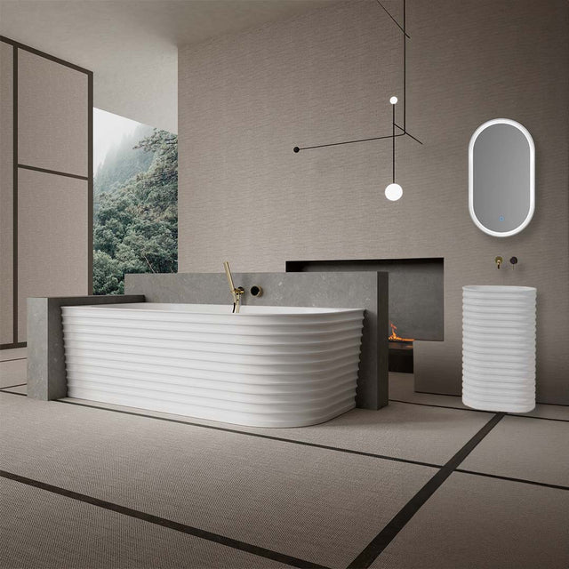 Set baie, cada de colt stanga 170 cm cu lavoar freestanding si oglinda LED, din compozit, alb mat, MonBlari