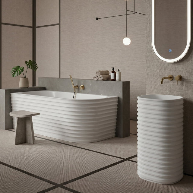 Set baie, cada de colt stanga 170 cm cu lavoar freestanding si oglinda LED, din compozit, alb mat, MonBlari