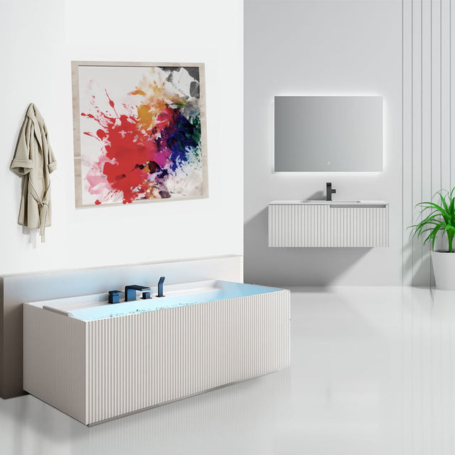 Set baie, cada de perete din acril 170 cm, mobilier cu lavoar incastrat din compozit si oglinda LED, alb, MonBlari