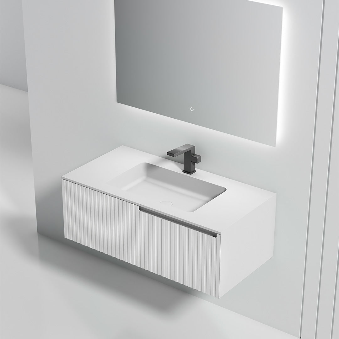 Set baie, cada de perete din acril 170 cm, mobilier cu lavoar incastrat din compozit si oglinda LED, alb, MonBlari