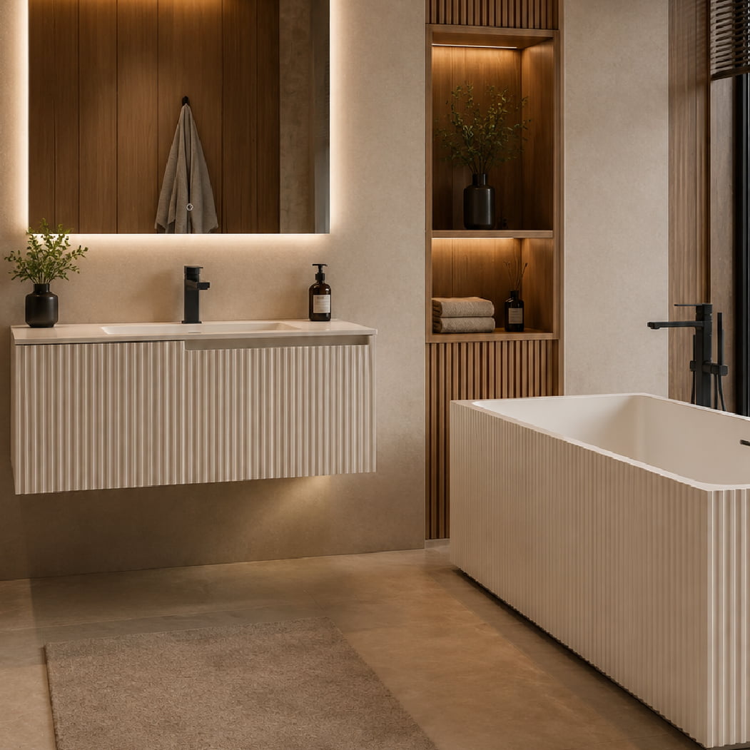 Set baie, cada de perete din acril 170 cm, mobilier cu lavoar incastrat din compozit si oglinda LED, alb, MonBlari