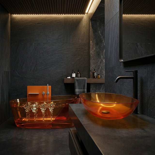 Set baie, cada freestanding cu functie jacuzzi si lavoar pe blat, din rasina, maro transparent, MonBlari