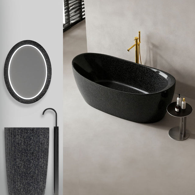Set baie, cada freestanding, cu lavoar freestading si oglinda, din fibra de carbon, negru mat, MonBlari