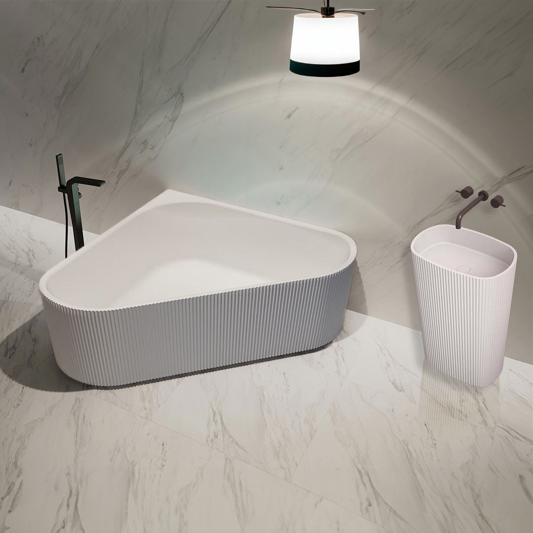 Set baie, cada freestanding de 150 cm din acril, cu lavoar freestanding din compozit, alb, MonBlari