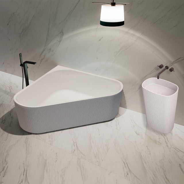 Set baie, cada freestanding de 150 cm din acril, cu lavoar freestanding din compozit, alb, MonBlari