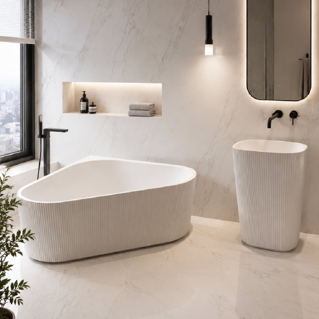 Set baie, cada freestanding de 150 cm din acril, cu lavoar freestanding din compozit, alb, MonBlari