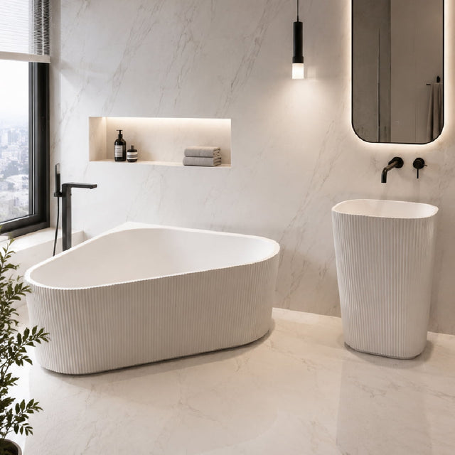 Set baie, cada freestanding de 150 cm din acril, cu lavoar freestanding din compozit, alb, MonBlari