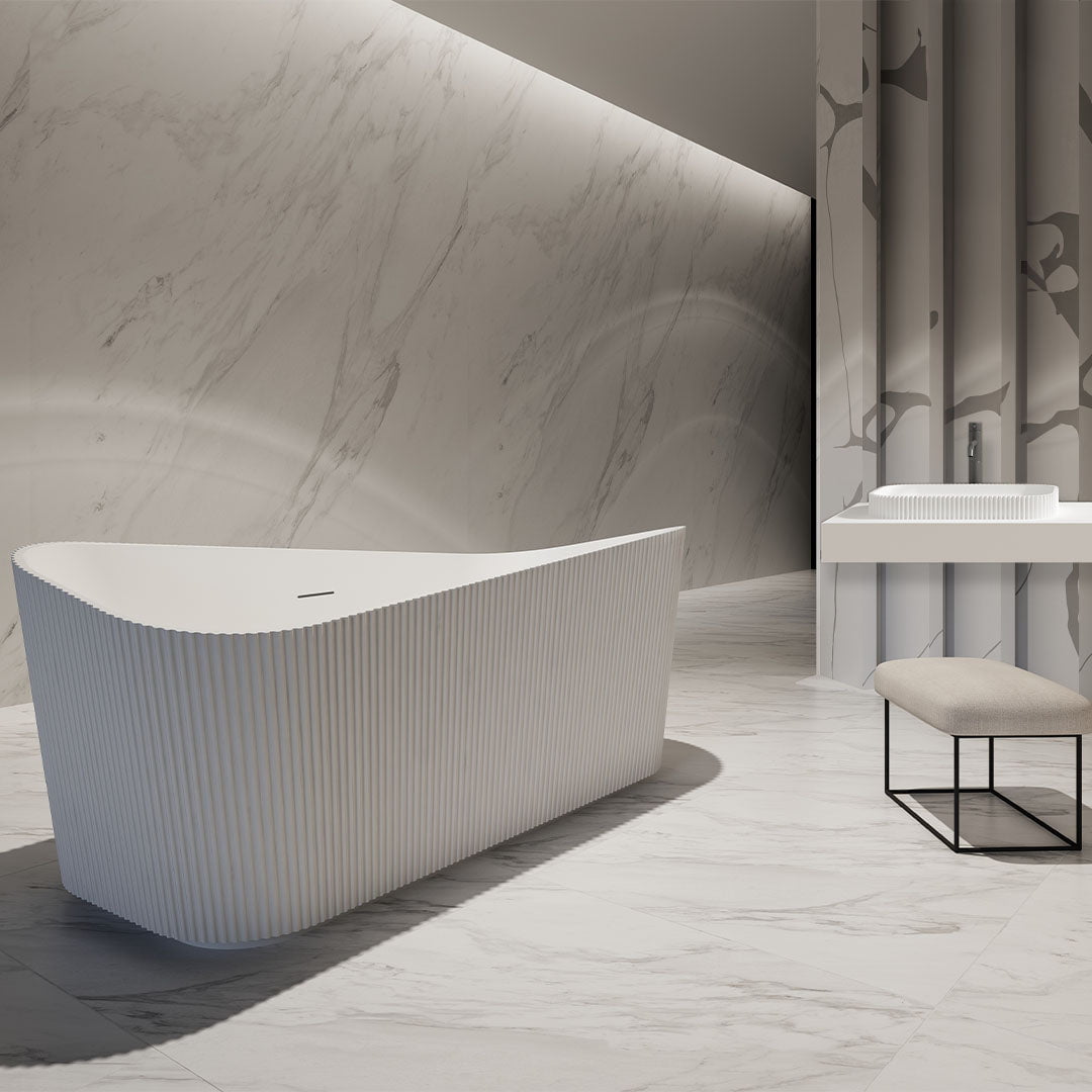 Set baie, cada freestanding de 170 cm din acril, cu lavoar pe blat din compozit, alb mat, MonBlari