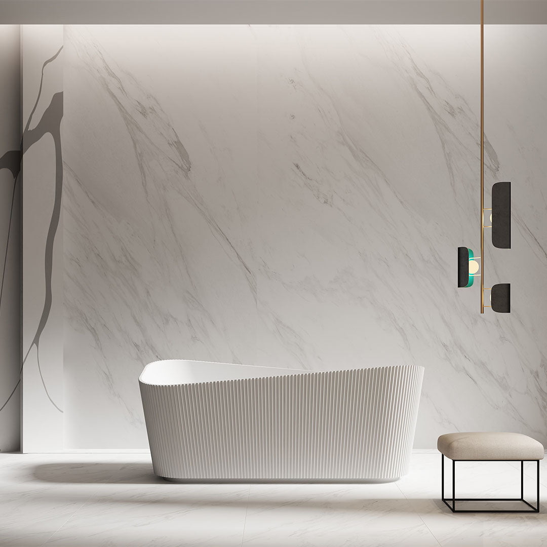 Set baie, cada freestanding de 170 cm din acril, cu lavoar pe blat din compozit, alb mat, MonBlari