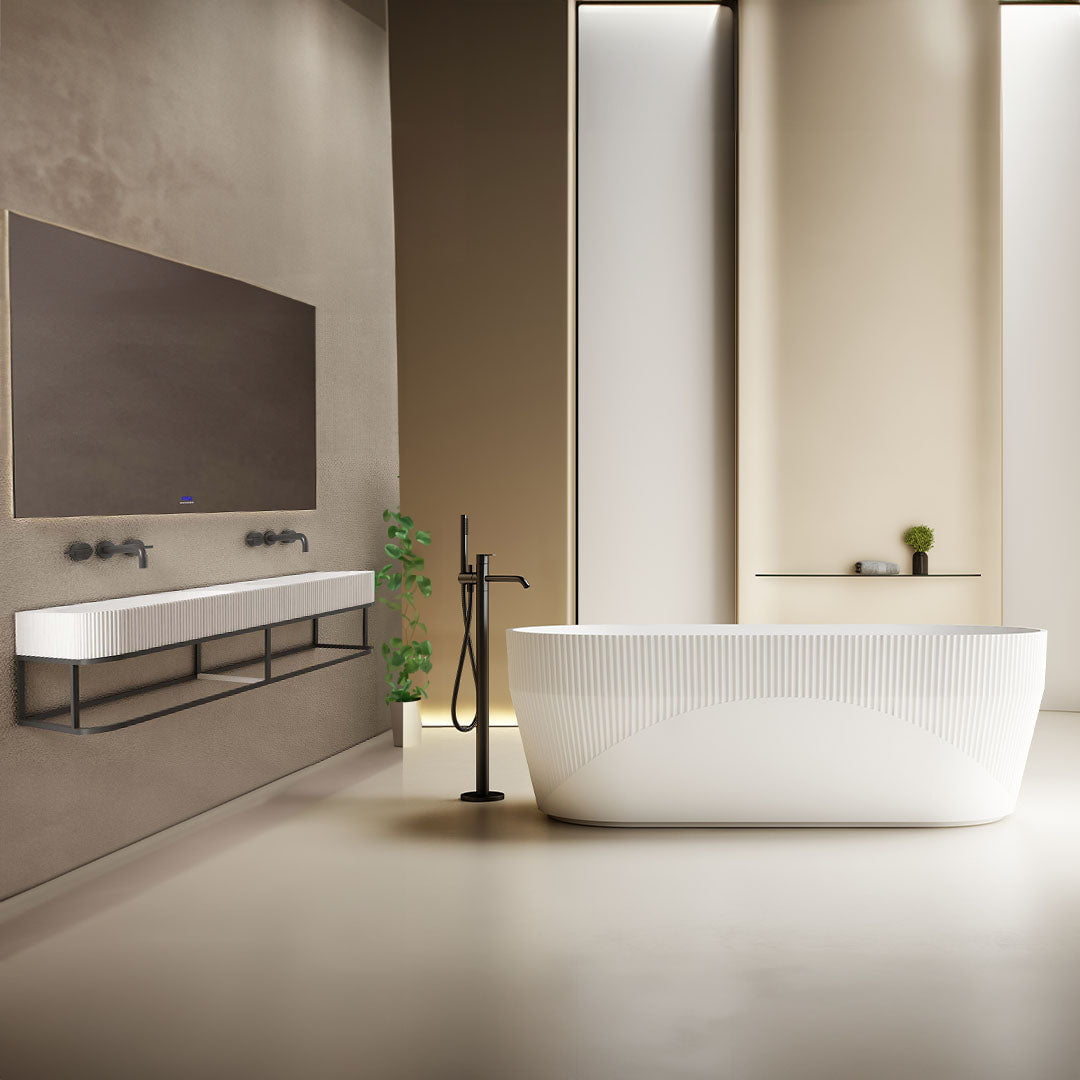 Set baie, cada freestanding de 170 cm si lavoar incastrat cu structura metalica, din compozit, alb mat, MonBlari