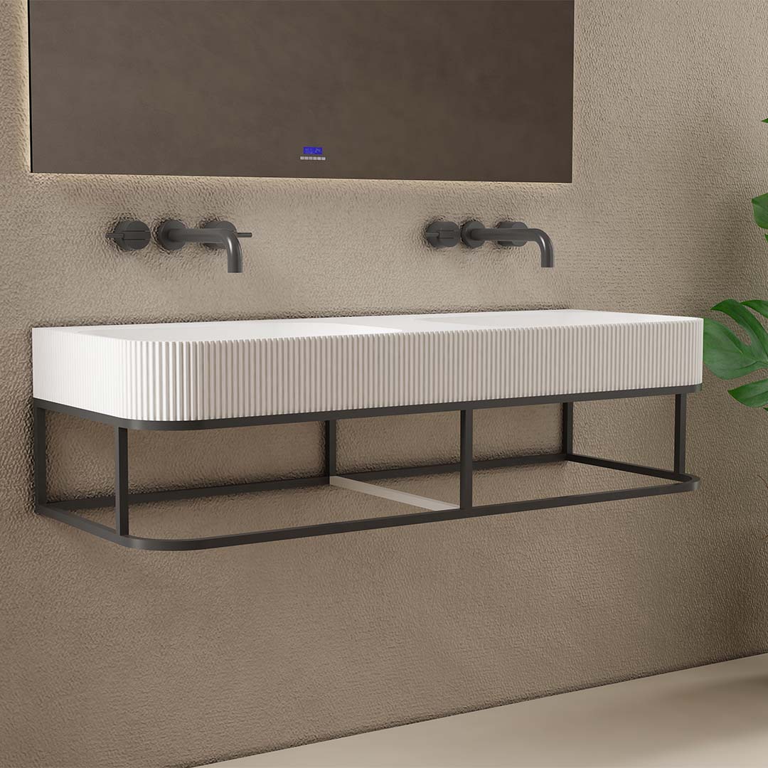 Set baie, cada freestanding de 170 cm si lavoar incastrat cu structura metalica, din compozit, alb mat, MonBlari