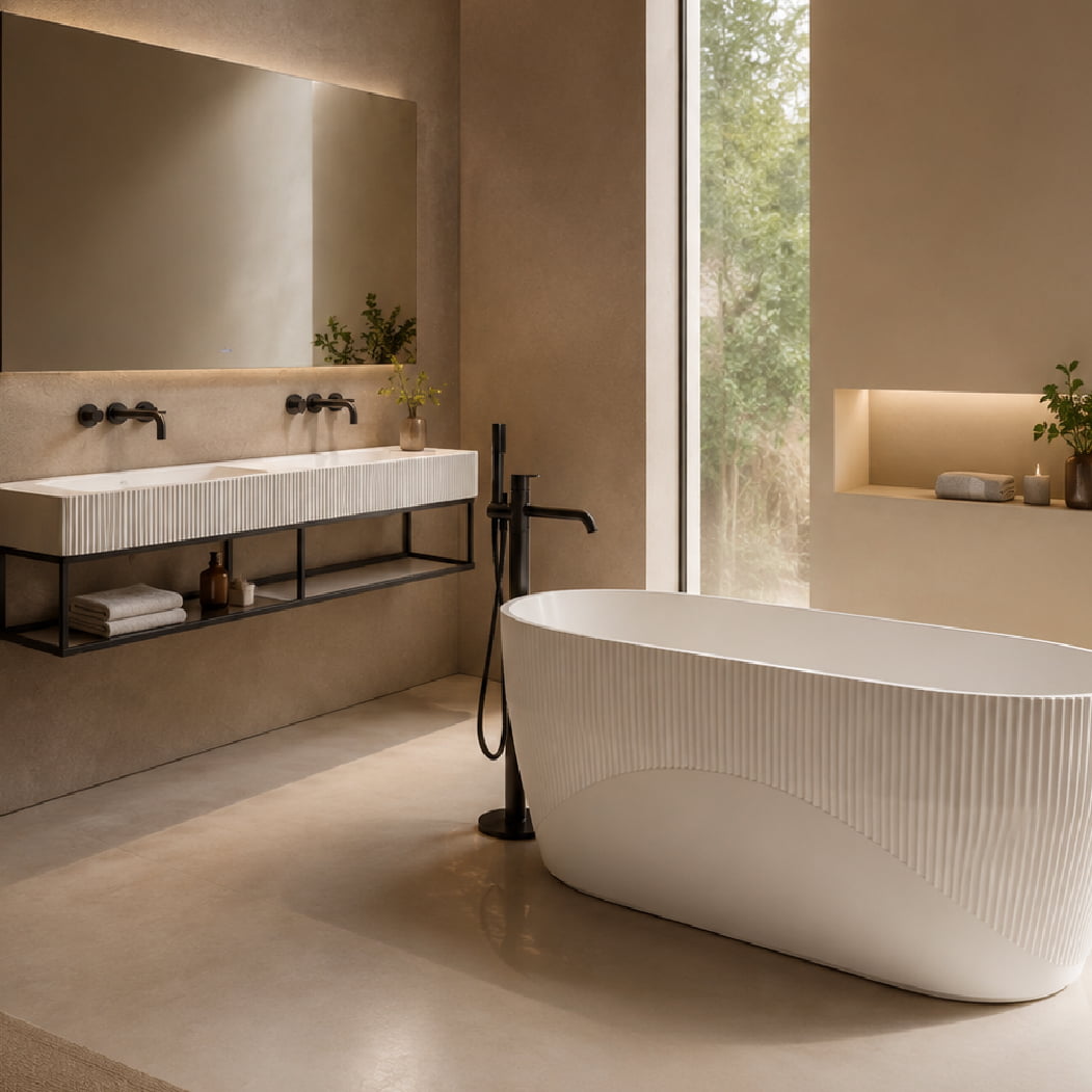 Set baie, cada freestanding de 170 cm si lavoar incastrat cu structura metalica, din compozit, alb mat, MonBlari