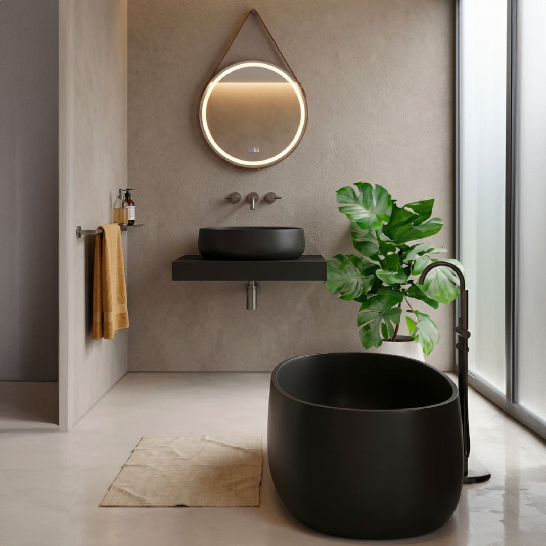Set baie, cada freestanding de 176 cm din acril, cu lavoar pe blat din compozit, negru mat, MonBlari