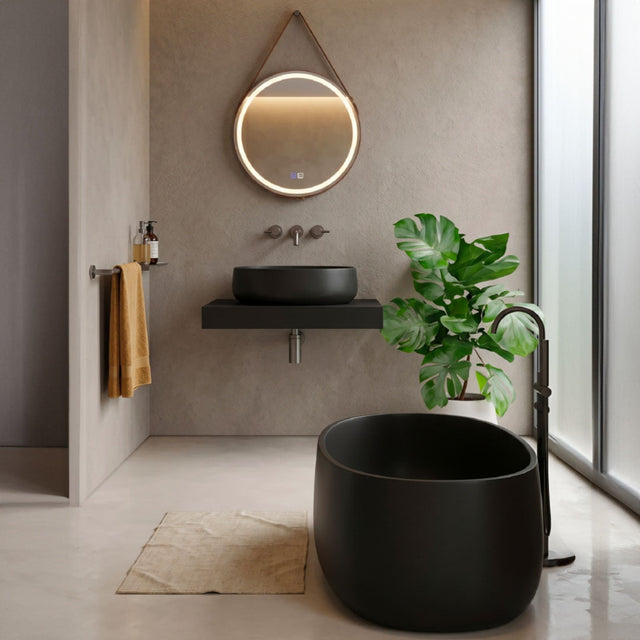 Set baie, cada freestanding de 176 cm din acril, cu lavoar pe blat din compozit, negru mat, MonBlari
