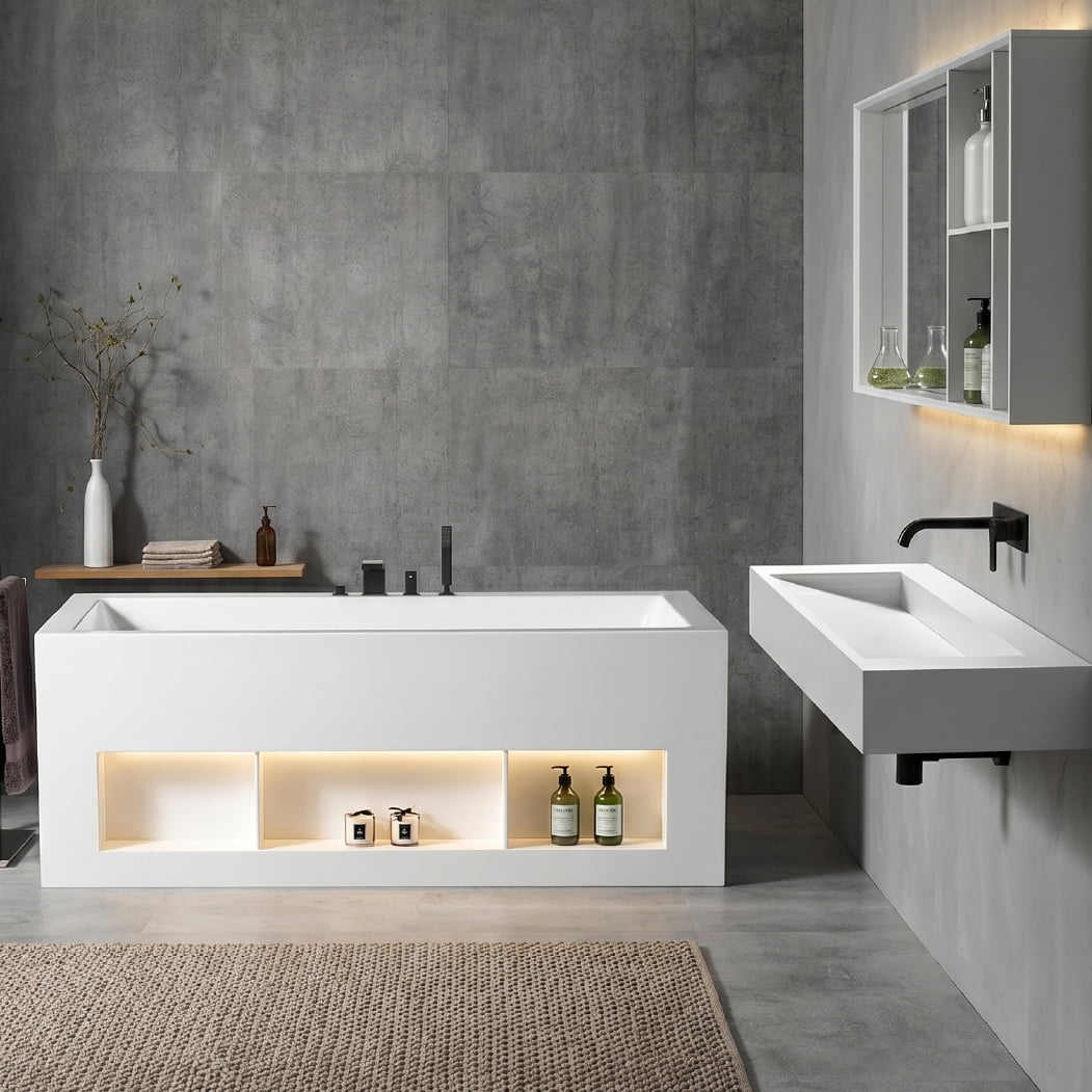 Set baie, cada freestanding din acril cu spatii de depozitare, lavoar pe perete si oglinda cu rafturi, alb, MonBlari