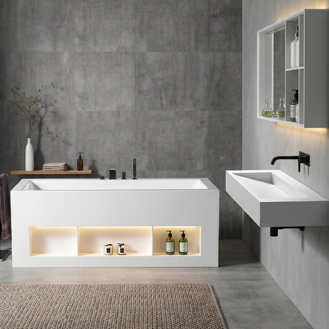 Set baie, cada freestanding din acril cu spatii de depozitare, lavoar pe perete si oglinda cu rafturi, alb, MonBlari