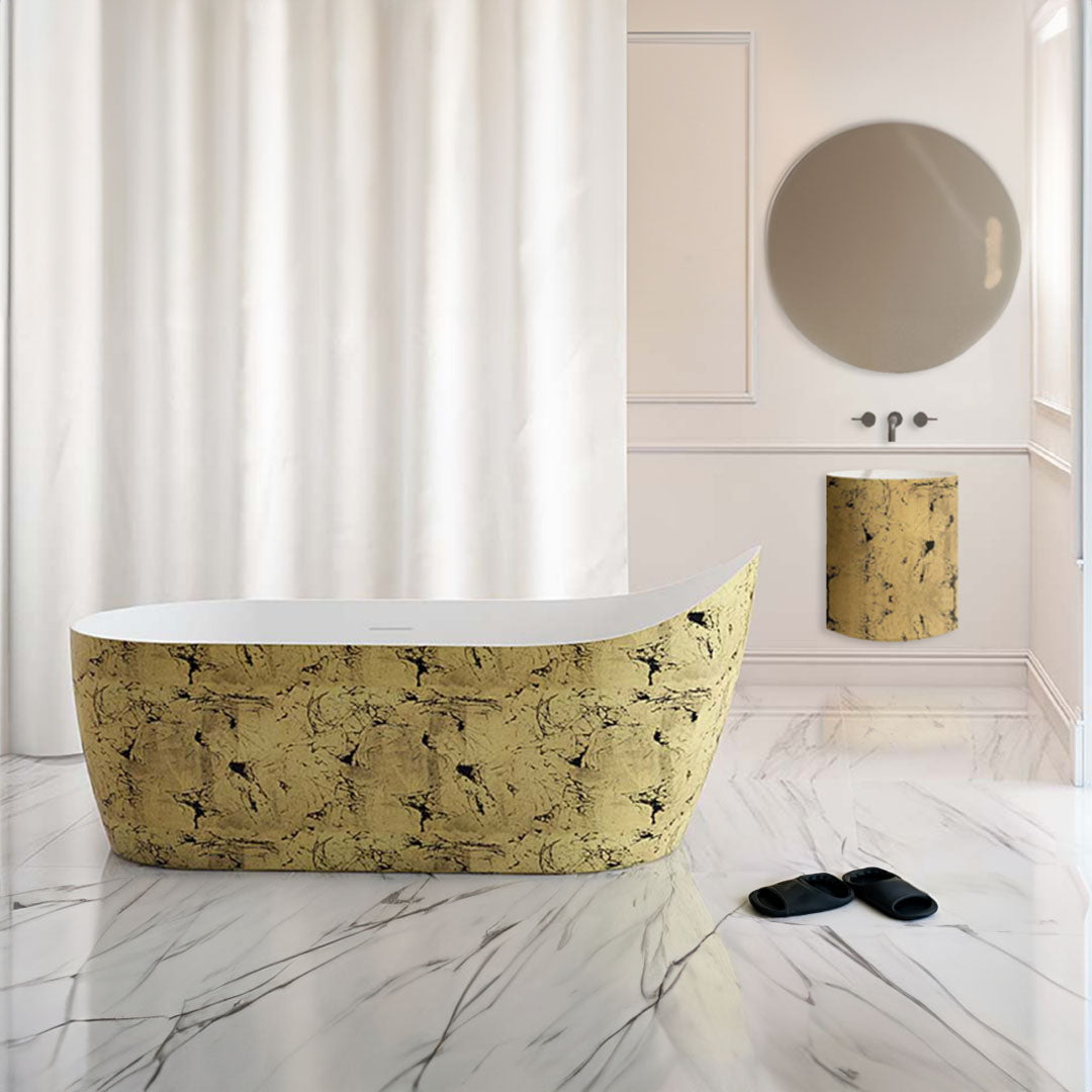 Set baie, cada freestanding din acril de 170 cm si lavoar pe perete din compozit, auriu cu model, MonBlari